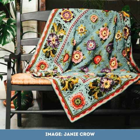Love is enough colourway of the Fruit Garden Blanket by Janie Crow
